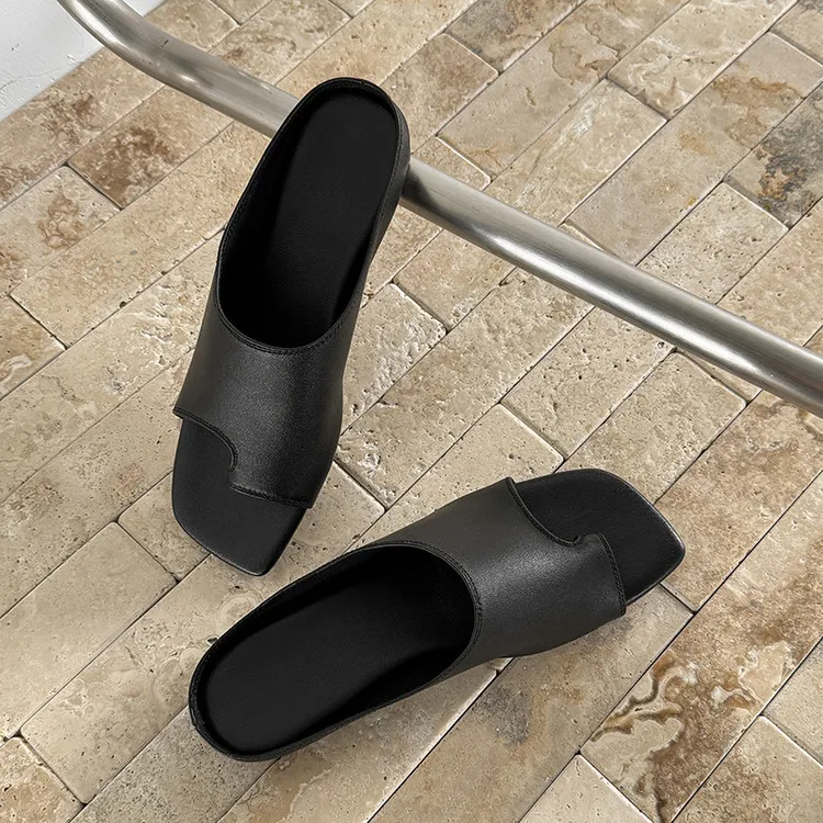 Spring/Summer Square Toe Slippers, Comfortable Sheepskin Fashion Women's Shoes 04-05a