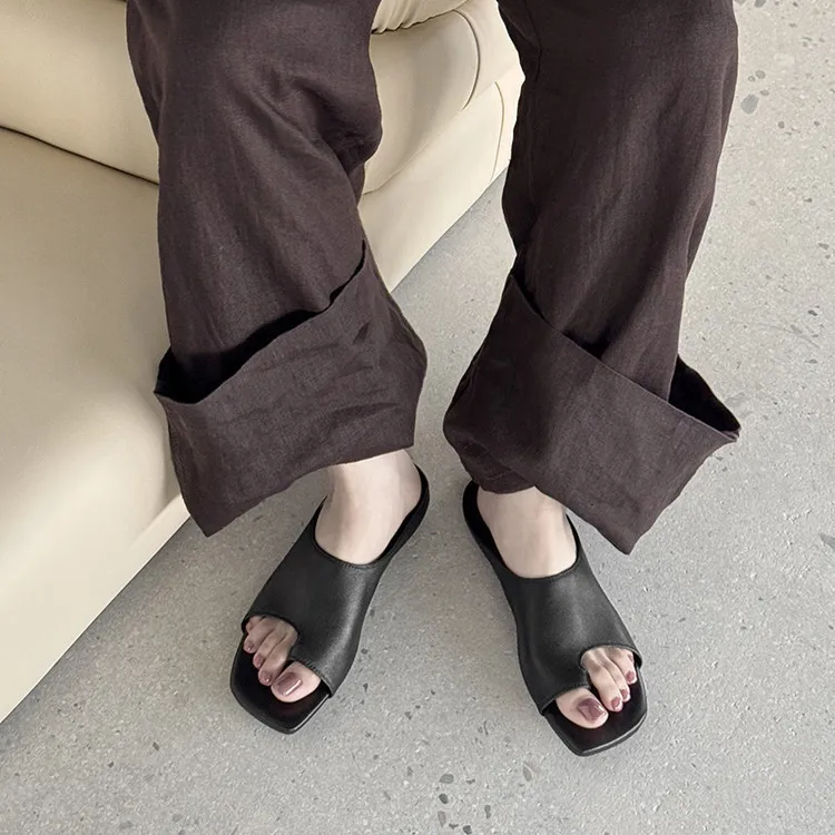 Spring/Summer Square Toe Slippers, Comfortable Sheepskin Fashion Women's Shoes 04-05a