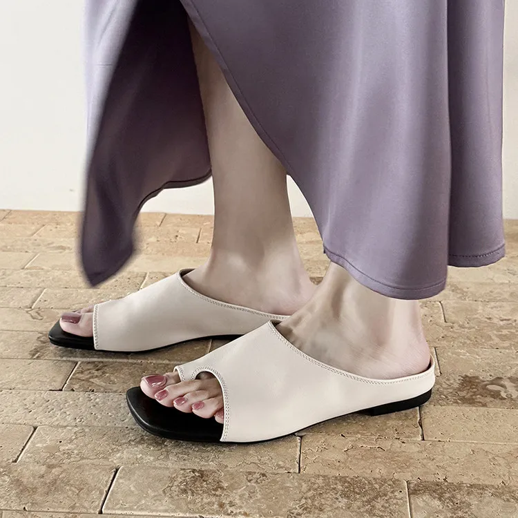 Spring/Summer Square Toe Slippers, Comfortable Sheepskin Fashion Women's Shoes 04-05a