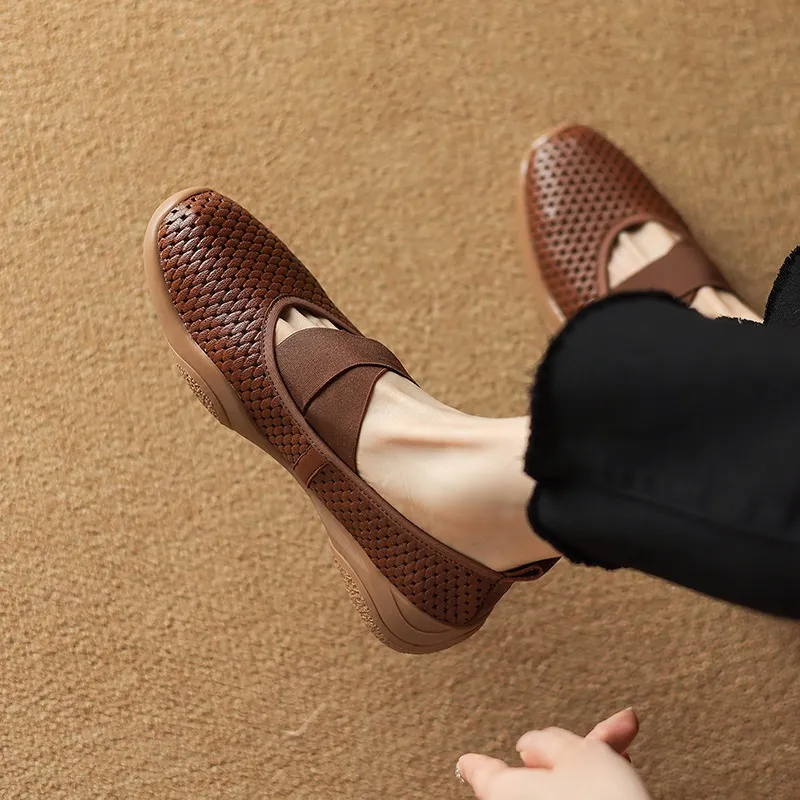 Spring/Summer Openwork Sandals, Round Toe, Sheepskin Casual Comfort Women's Shoes
