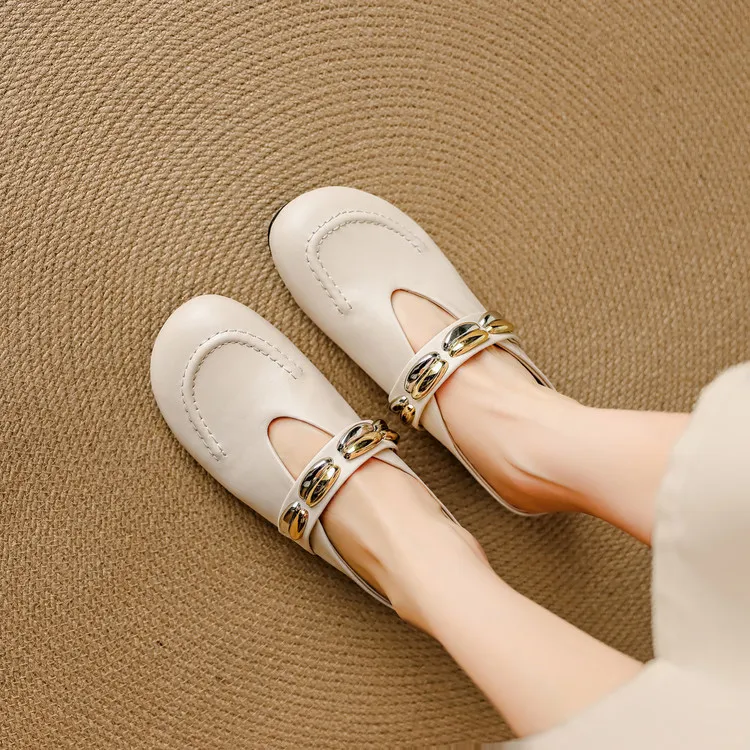 Spring/Summer Round Toe Slippers Flat Mary Jane Leather Women's Shoes Black and Off-White 04-05r