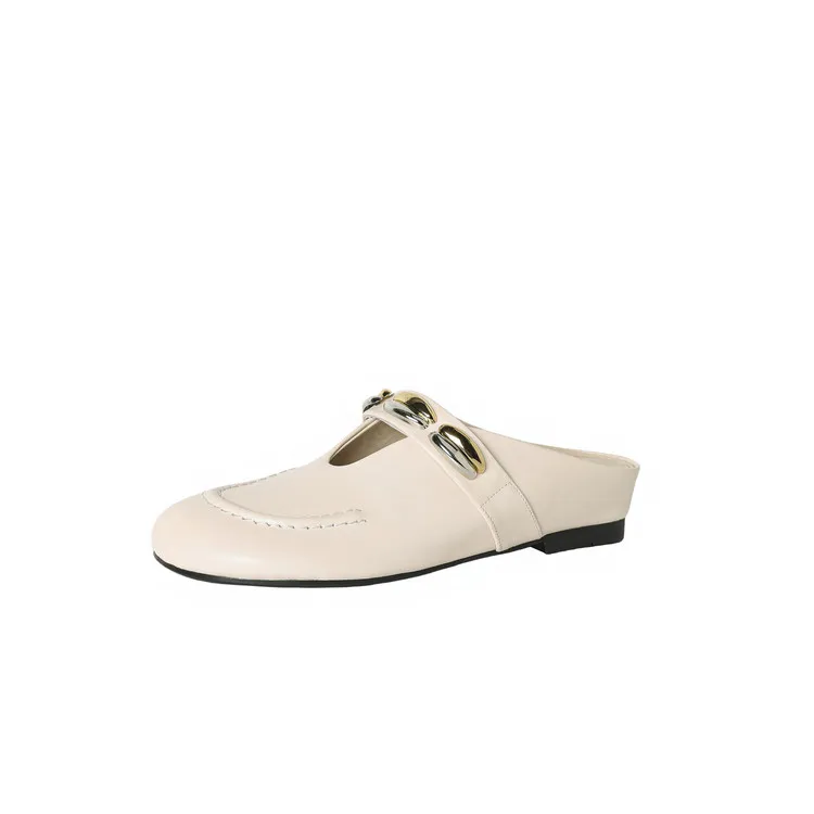 Spring/Summer Round Toe Slippers Flat Mary Jane Leather Women's Shoes Black and Off-White 04-05r