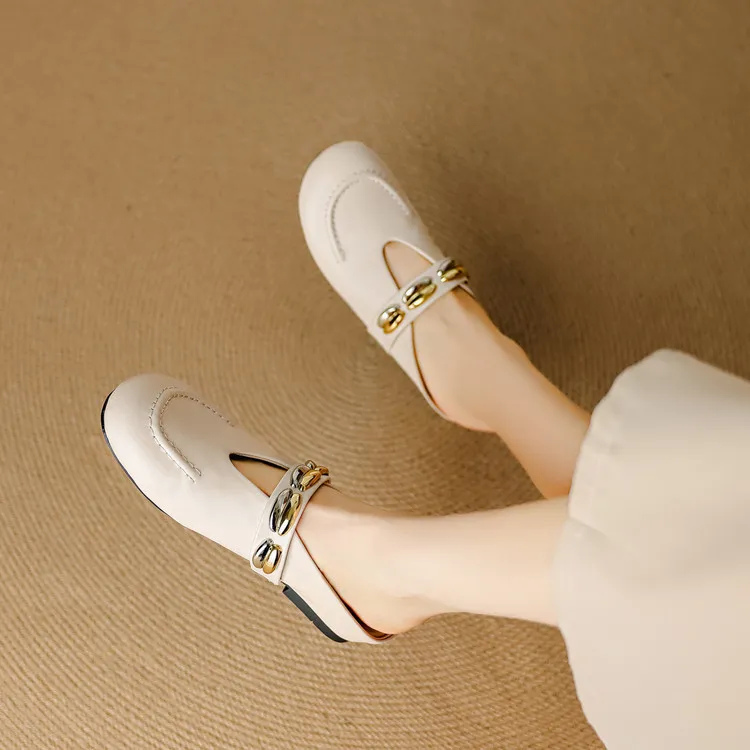 Spring/Summer Round Toe Slippers Flat Mary Jane Leather Women's Shoes Black and Off-White 04-05r