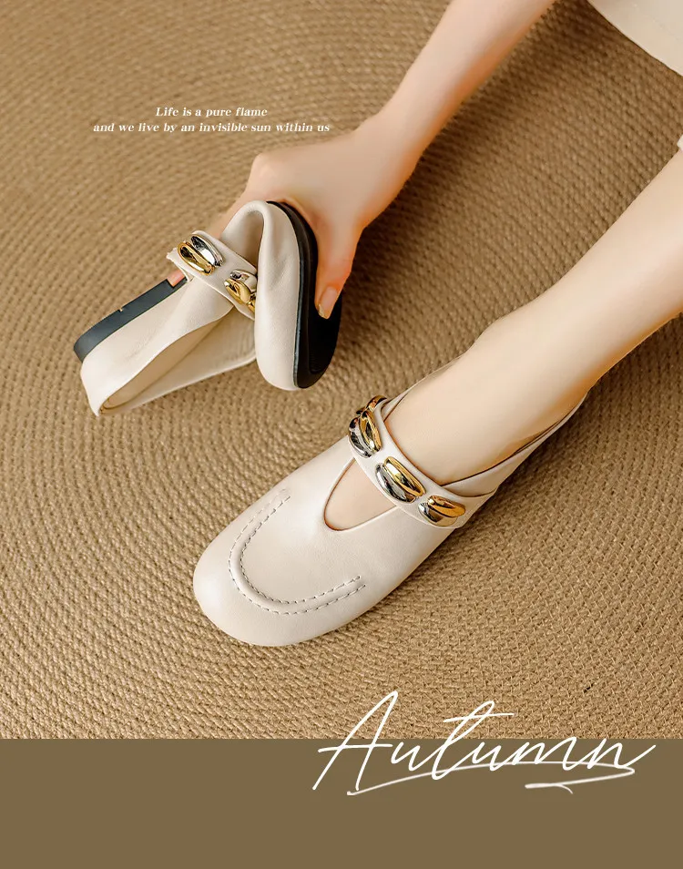 Spring/Summer Round Toe Slippers Flat Mary Jane Leather Women's Shoes Black and Off-White 04-05r