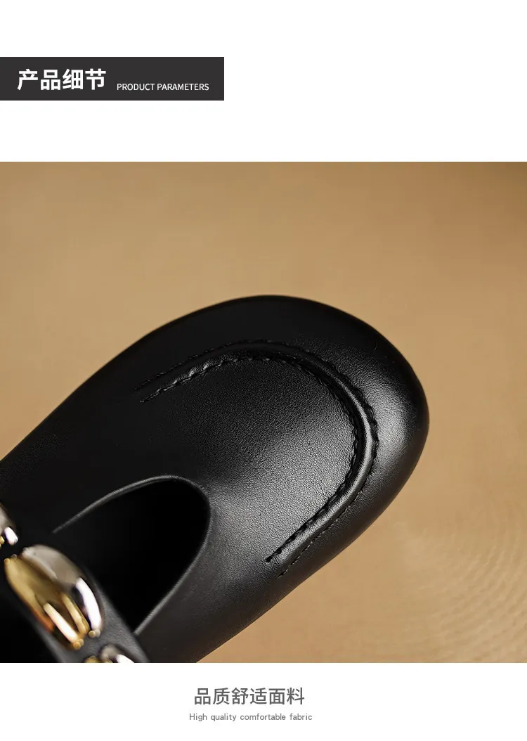 Spring/Summer Round Toe Slippers Flat Mary Jane Leather Women's Shoes Black and Off-White 04-05r