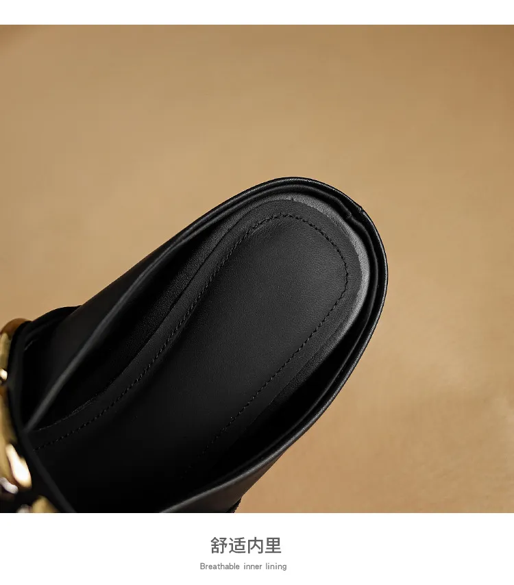 Spring/Summer Round Toe Slippers Flat Mary Jane Leather Women's Shoes Black and Off-White 04-05r