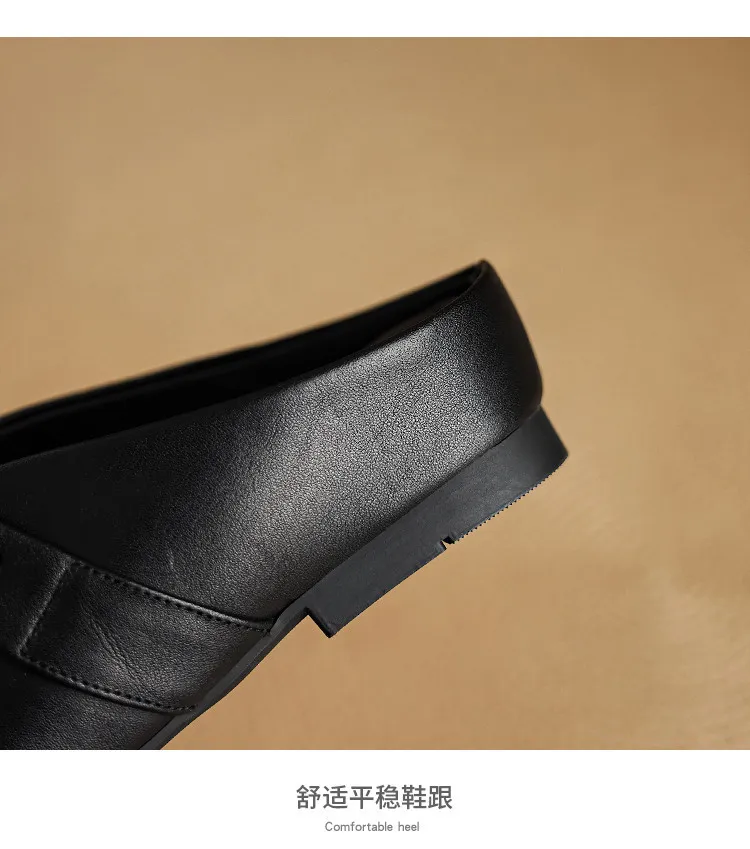 Spring/Summer Round Toe Slippers Flat Mary Jane Leather Women's Shoes Black and Off-White 04-05r