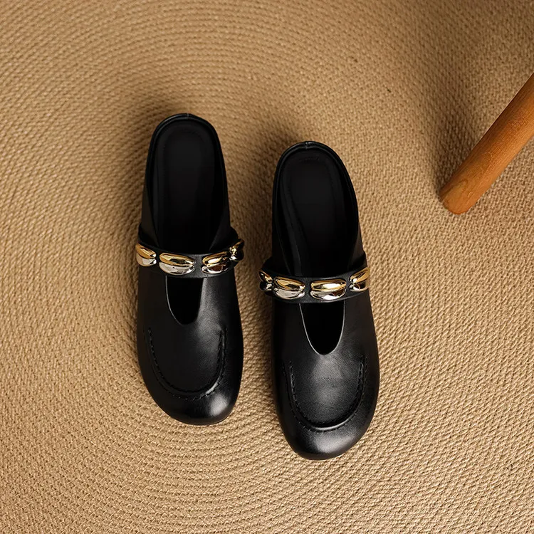 Spring/Summer Round Toe Slippers Flat Mary Jane Leather Women's Shoes Black and Off-White 04-05r