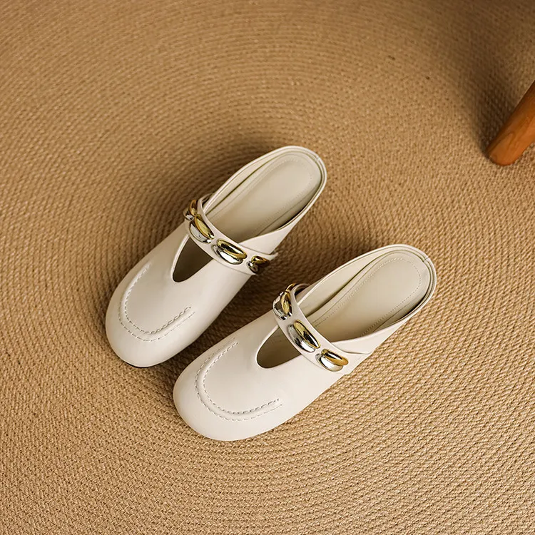 Spring/Summer Round Toe Slippers Flat Mary Jane Leather Women's Shoes Black and Off-White 04-05r