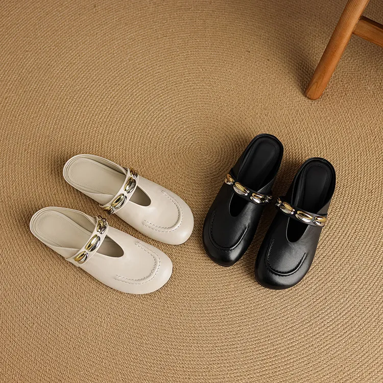 Spring/Summer Round Toe Slippers Flat Mary Jane Leather Women's Shoes Black and Off-White 04-05r