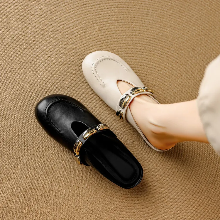 Spring/Summer Round Toe Slippers Flat Mary Jane Leather Women's Shoes Black and Off-White 04-05r
