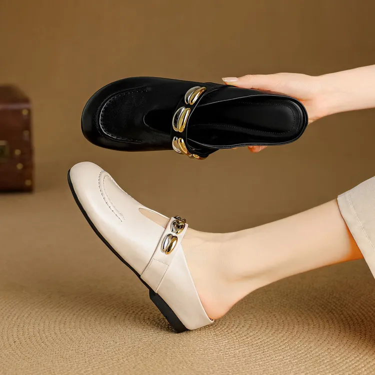 Spring/Summer Round Toe Slippers Flat Mary Jane Leather Women's Shoes Black and Off-White 04-05r
