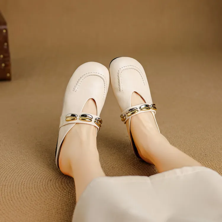 Spring/Summer Round Toe Slippers Flat Mary Jane Leather Women's Shoes Black and Off-White 04-05r