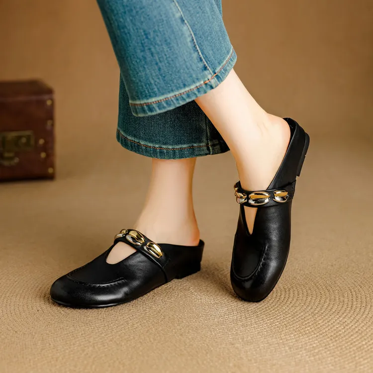 Spring/Summer Round Toe Slippers Flat Mary Jane Leather Women's Shoes Black and Off-White 04-05r