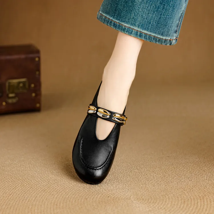 Spring/Summer Round Toe Slippers Flat Mary Jane Leather Women's Shoes Black and Off-White 04-05r