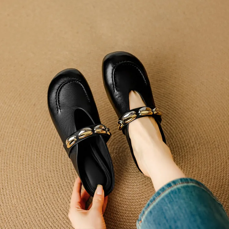 Spring/Summer Round Toe Slippers Flat Mary Jane Leather Women's Shoes Black and Off-White 04-05r