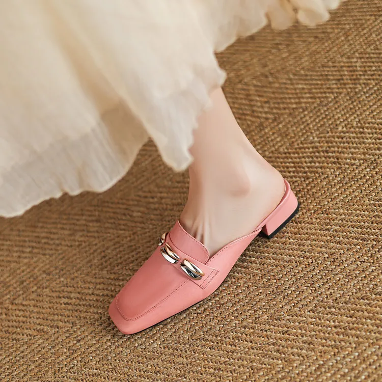 Spring/Summer Chunky Heel High Heel Square Toe Closed Toe Slippers Cowhide Fashion Women's Shoes 04-05u