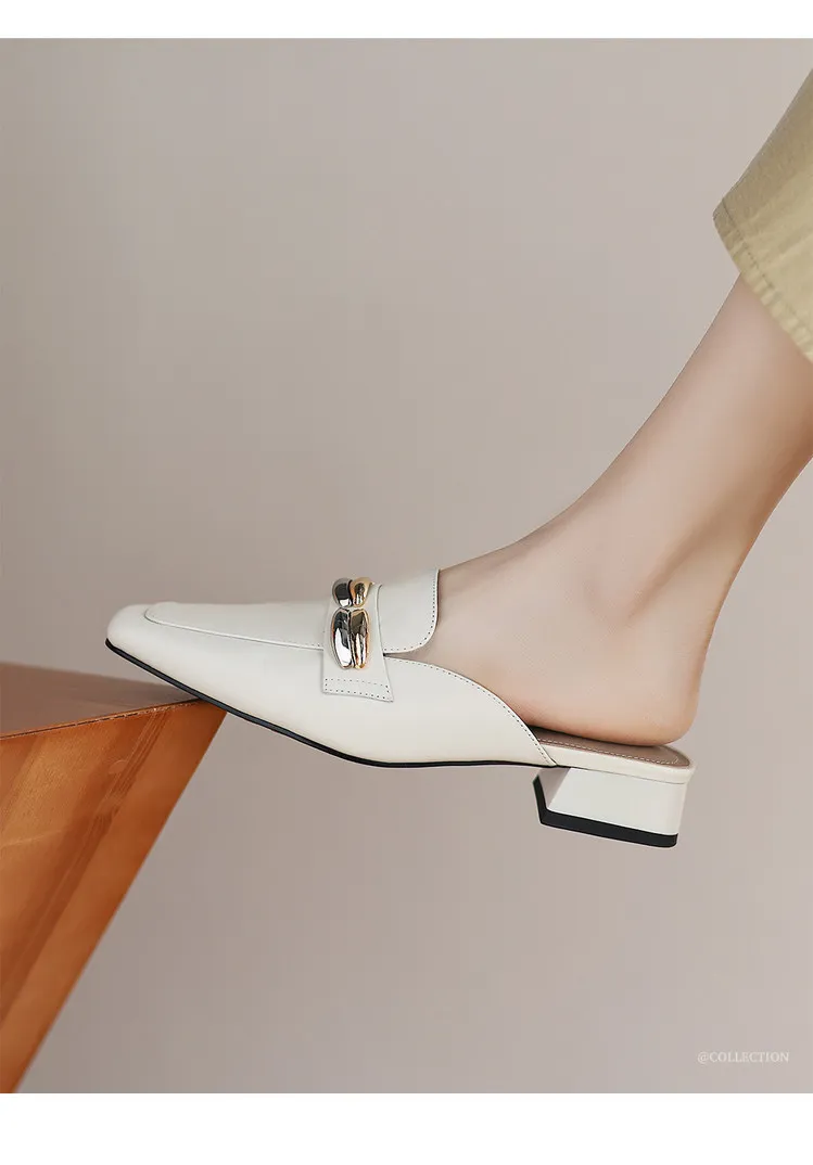 Spring/Summer Chunky Heel High Heel Square Toe Closed Toe Slippers Cowhide Fashion Women's Shoes 04-05u