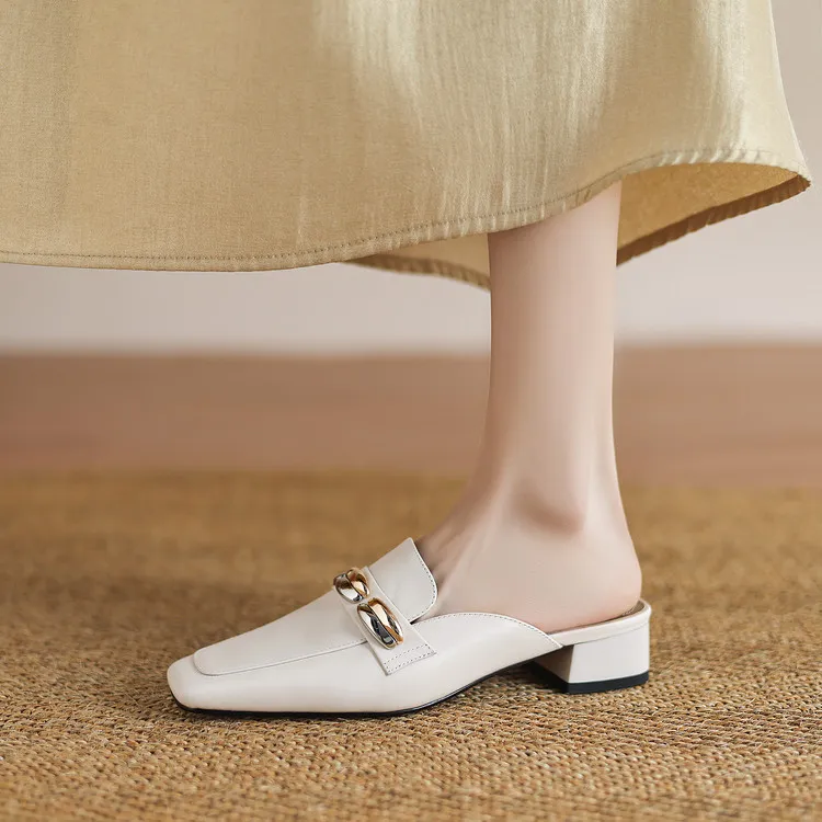 Spring/Summer Chunky Heel High Heel Square Toe Closed Toe Slippers Cowhide Fashion Women's Shoes 04-05u
