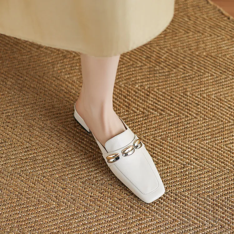 Spring/Summer Chunky Heel High Heel Square Toe Closed Toe Slippers Cowhide Fashion Women's Shoes 04-05u
