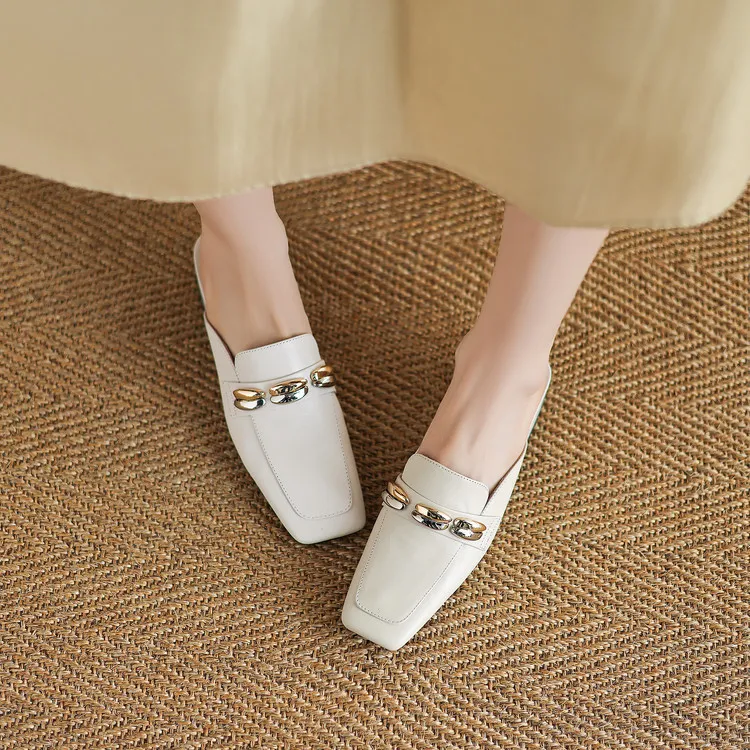 Spring/Summer Chunky Heel High Heel Square Toe Closed Toe Slippers Cowhide Fashion Women's Shoes 04-05u