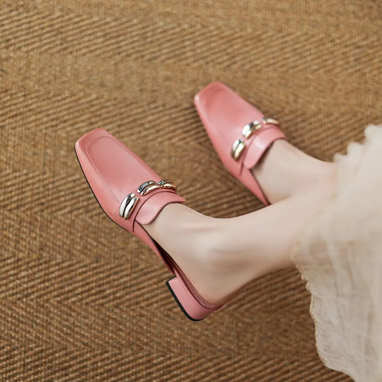 Spring/Summer Chunky Heel High Heel Square Toe Closed Toe Slippers Cowhide Fashion Women's Shoes 04-05u