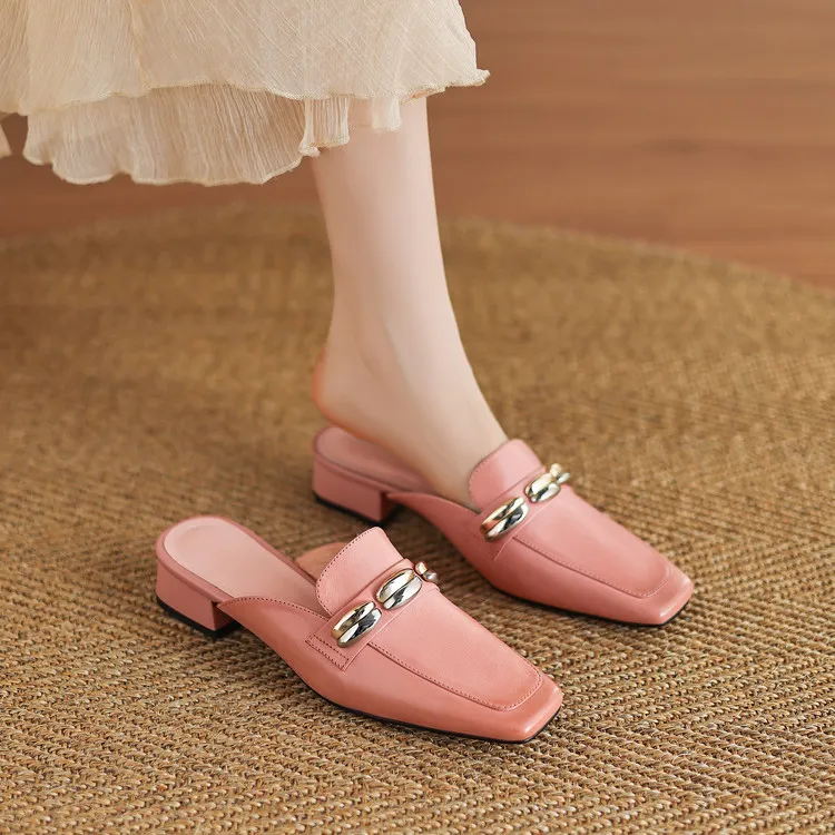 Spring/Summer Chunky Heel High Heel Square Toe Closed Toe Slippers Cowhide Fashion Women's Shoes 04-05u
