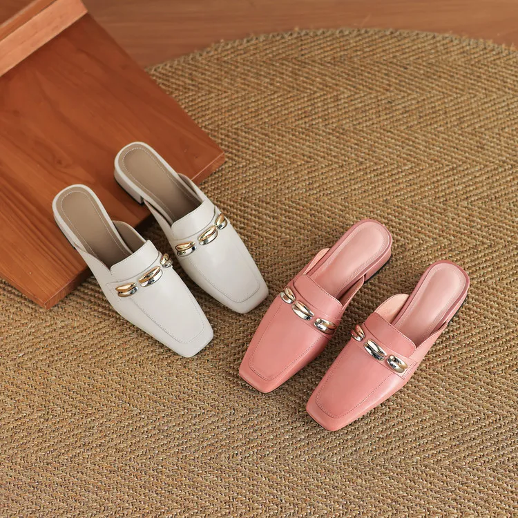 Spring/Summer Chunky Heel High Heel Square Toe Closed Toe Slippers Cowhide Fashion Women's Shoes 04-05u