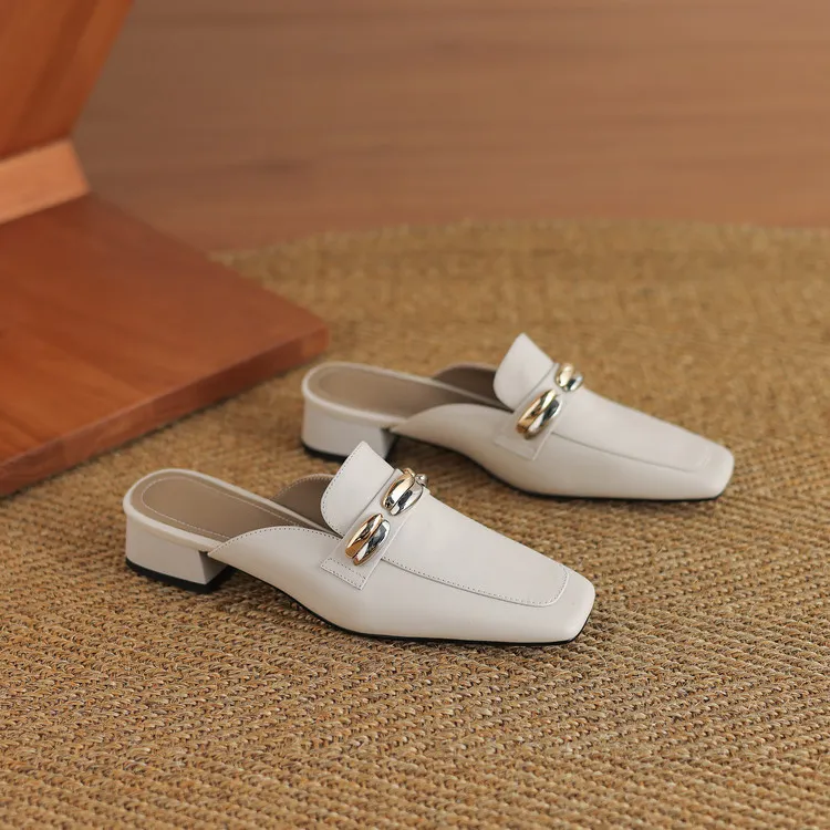 Spring/Summer Chunky Heel High Heel Square Toe Closed Toe Slippers Cowhide Fashion Women's Shoes 04-05u