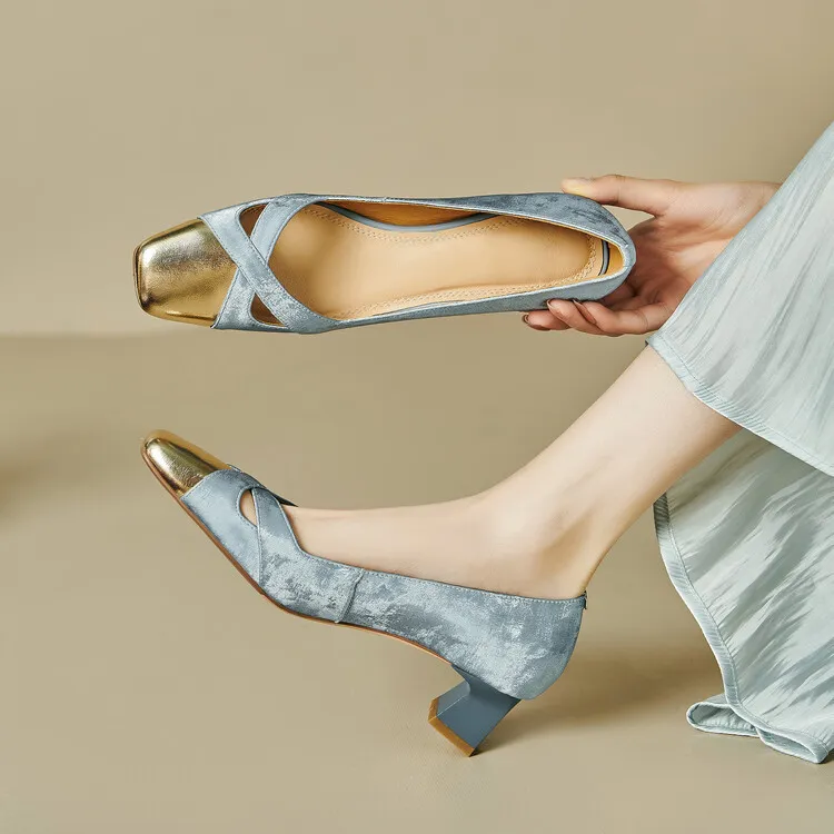 Fashionable Spring and Autumn Square Toe Hollow Out Single Shoes Chunky Heel High Heel Slip-on Chanel Style Cropped Shoes Women's 04-05x