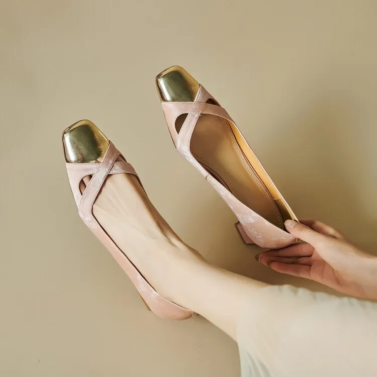 Fashionable Spring and Autumn Square Toe Hollow Out Single Shoes Chunky Heel High Heel Slip-on Chanel Style Cropped Shoes Women's 04-05x