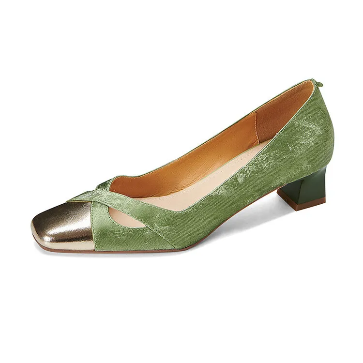 Fashionable Spring and Autumn Square Toe Hollow Out Single Shoes Chunky Heel High Heel Slip-on Chanel Style Cropped Shoes Women's 04-05x