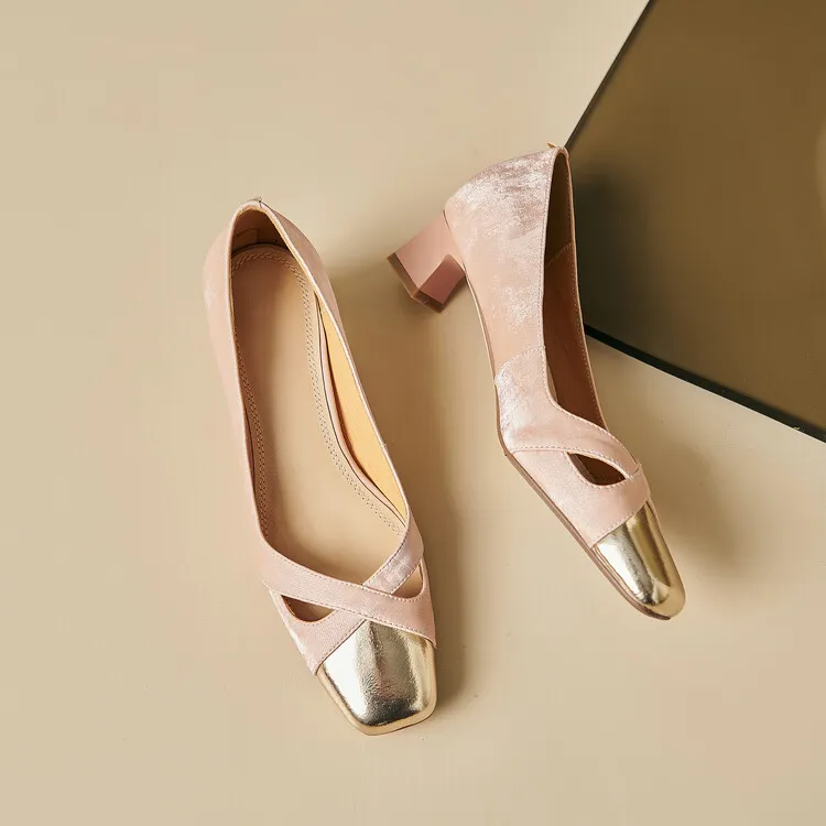 Fashionable Spring and Autumn Square Toe Hollow Out Single Shoes Chunky Heel High Heel Slip-on Chanel Style Cropped Shoes Women's 04-05x