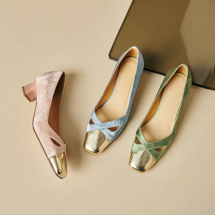 Fashionable Spring and Autumn Square Toe Hollow Out Single Shoes Chunky Heel High Heel Slip-on Chanel Style Cropped Shoes Women's 04-05x
