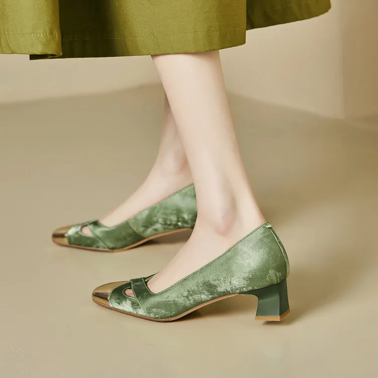 Fashionable Spring and Autumn Square Toe Hollow Out Single Shoes Chunky Heel High Heel Slip-on Chanel Style Cropped Shoes Women's 04-05x