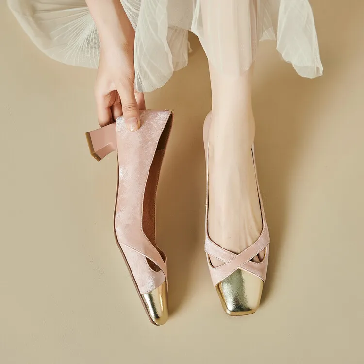 Fashionable Spring and Autumn Square Toe Hollow Out Single Shoes Chunky Heel High Heel Slip-on Chanel Style Cropped Shoes Women's 04-05x