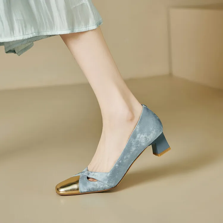 Fashionable Spring and Autumn Square Toe Hollow Out Single Shoes Chunky Heel High Heel Slip-on Chanel Style Cropped Shoes Women's 04-05x