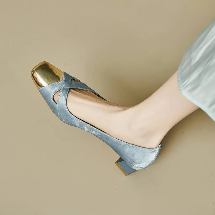 Fashionable Spring and Autumn Square Toe Hollow Out Single Shoes Chunky Heel High Heel Slip-on Chanel Style Cropped Shoes Women's 04-05x
