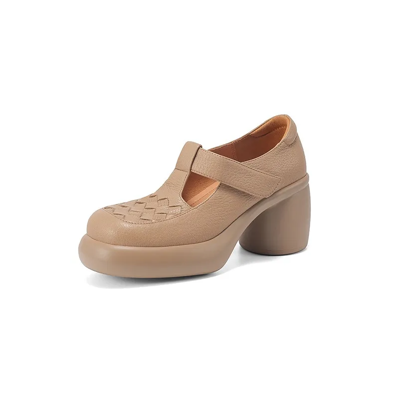 Spring and Autumn Single Shoes, Thick-Soled Chunky Heel High-Heeled Sheepskin Fashion Women's Shoes, Black and Apricot