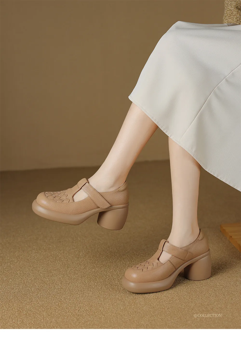Spring and Autumn Single Shoes, Thick-Soled Chunky Heel High-Heeled Sheepskin Fashion Women's Shoes, Black and Apricot