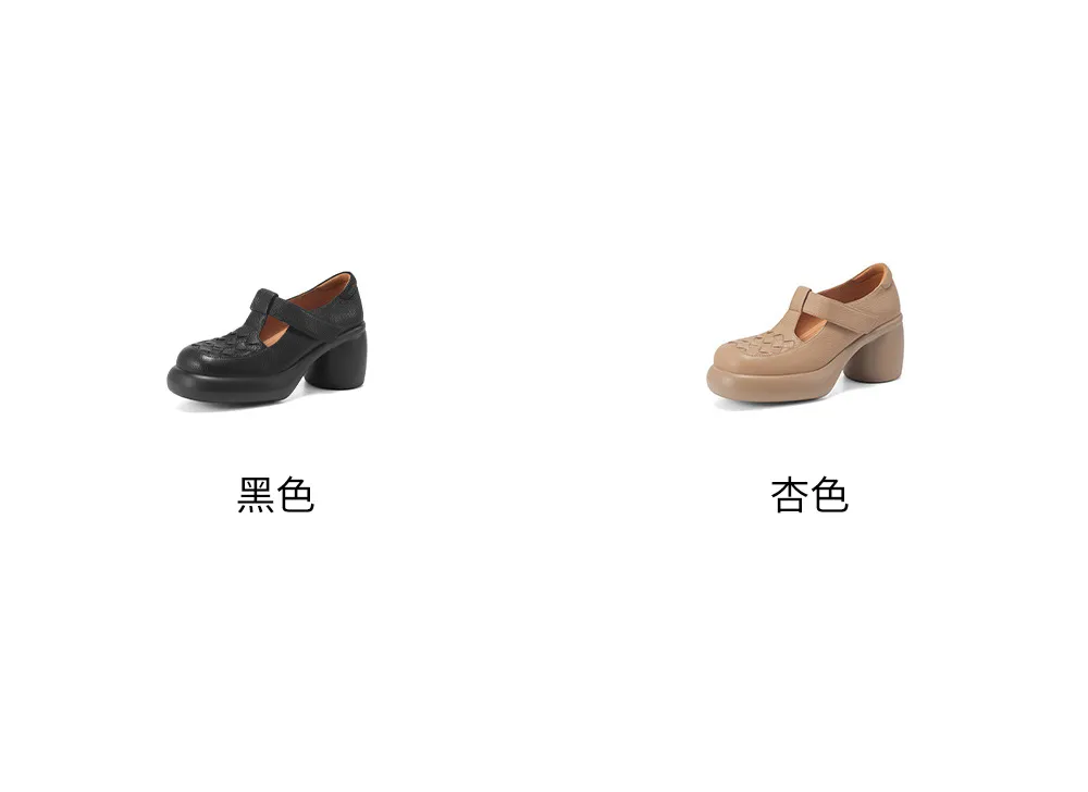 Spring and Autumn Single Shoes, Thick-Soled Chunky Heel High-Heeled Sheepskin Fashion Women's Shoes, Black and Apricot