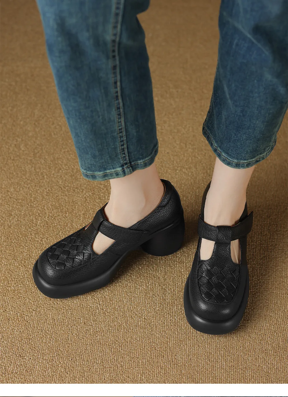 Spring and Autumn Single Shoes, Thick-Soled Chunky Heel High-Heeled Sheepskin Fashion Women's Shoes, Black and Apricot