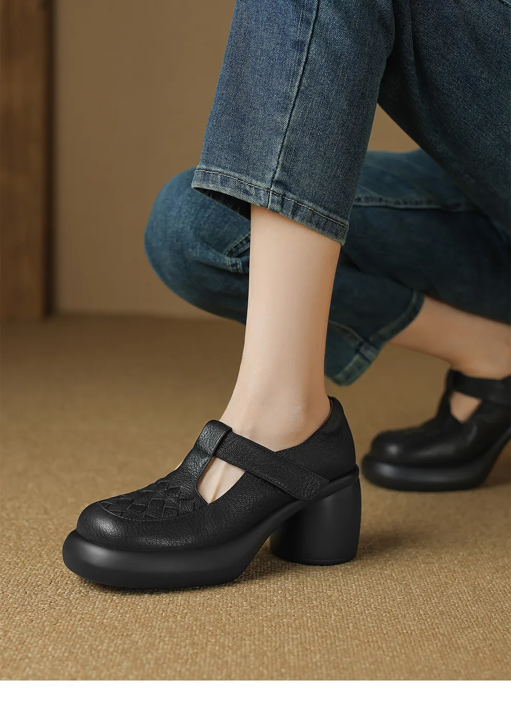 Spring and Autumn Single Shoes, Thick-Soled Chunky Heel High-Heeled Sheepskin Fashion Women's Shoes, Black and Apricot