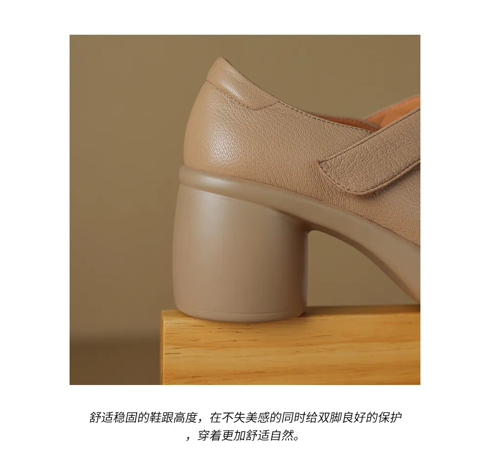 Spring and Autumn Single Shoes, Thick-Soled Chunky Heel High-Heeled Sheepskin Fashion Women's Shoes, Black and Apricot
