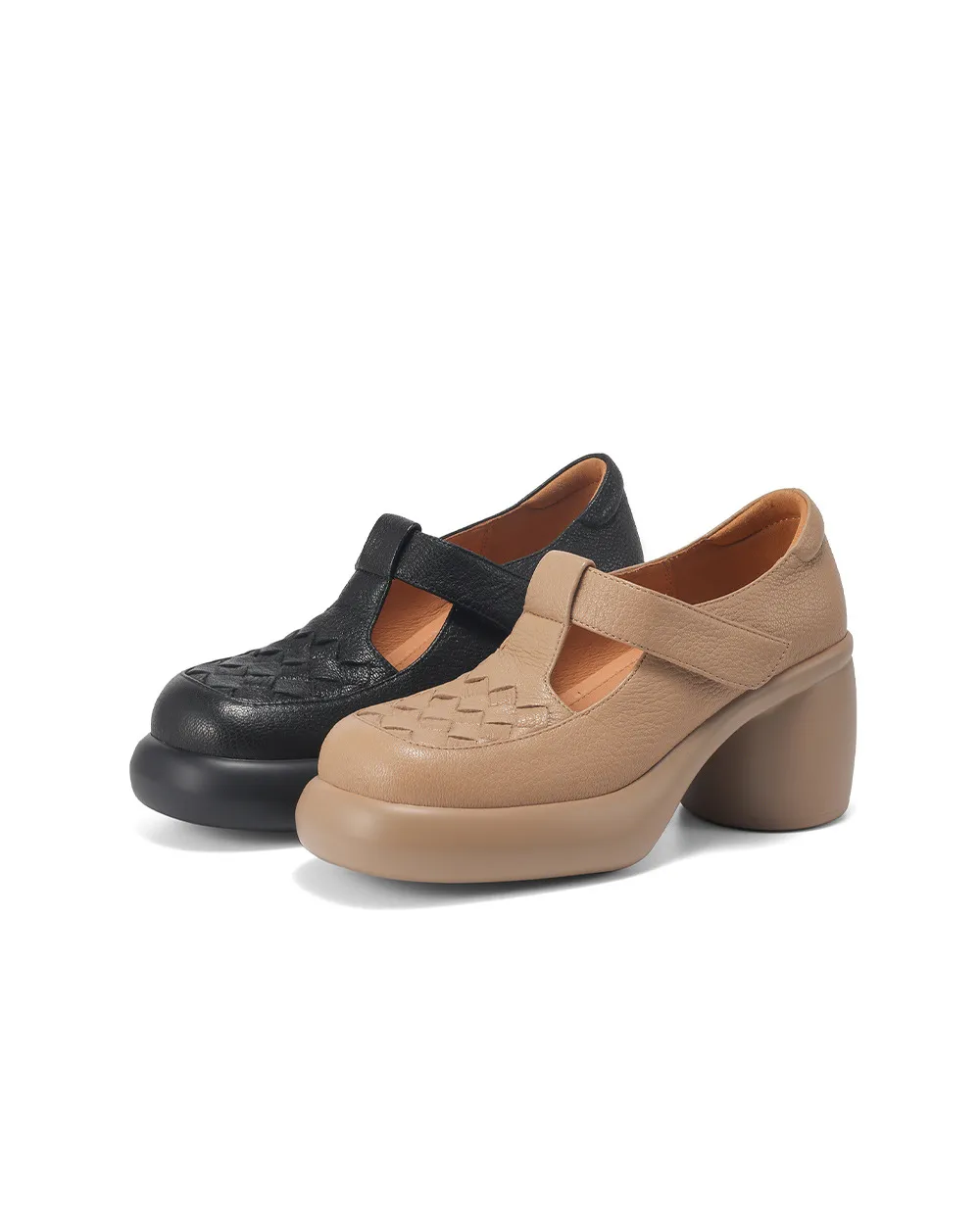 Spring and Autumn Single Shoes, Thick-Soled Chunky Heel High-Heeled Sheepskin Fashion Women's Shoes, Black and Apricot