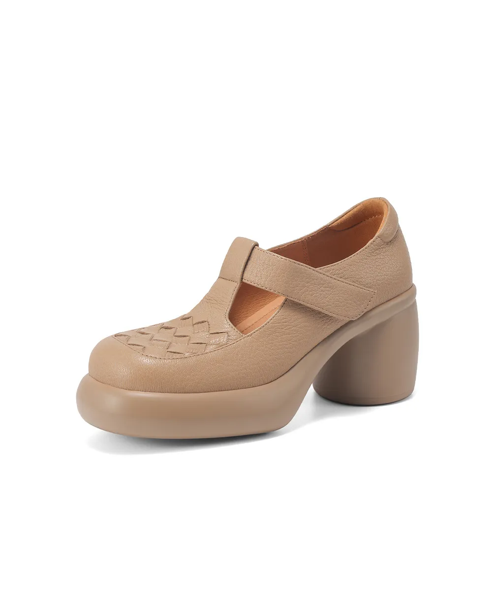 Spring and Autumn Single Shoes, Thick-Soled Chunky Heel High-Heeled Sheepskin Fashion Women's Shoes, Black and Apricot