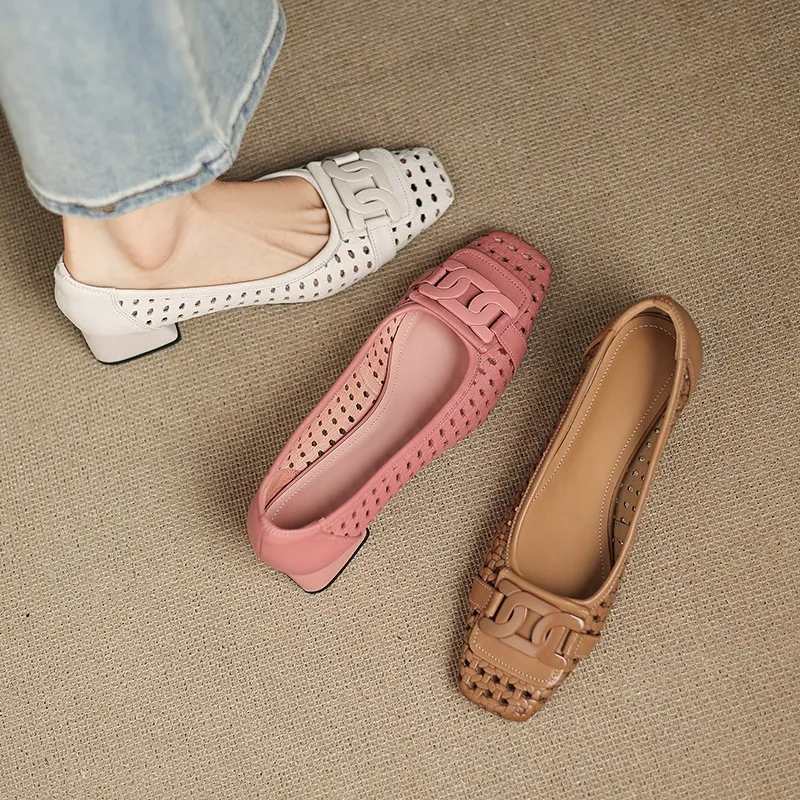 Our top-selling spring/summer style square-toe chunky heel women's shoes with hollowed-out solid color and comfortable cowhide leather.