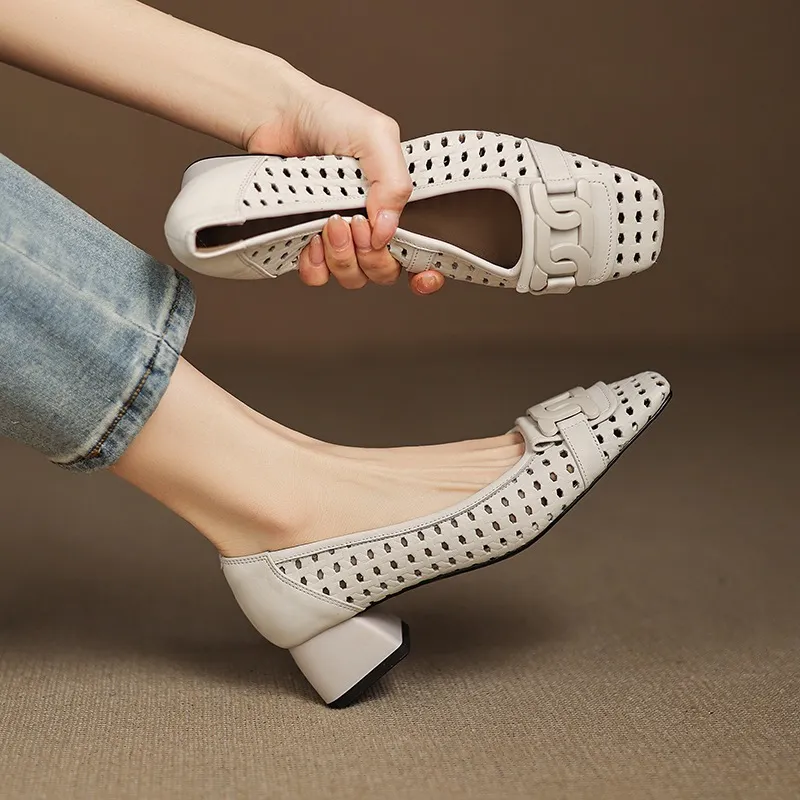 Our top-selling spring/summer style square-toe chunky heel women's shoes with hollowed-out solid color and comfortable cowhide leather.
