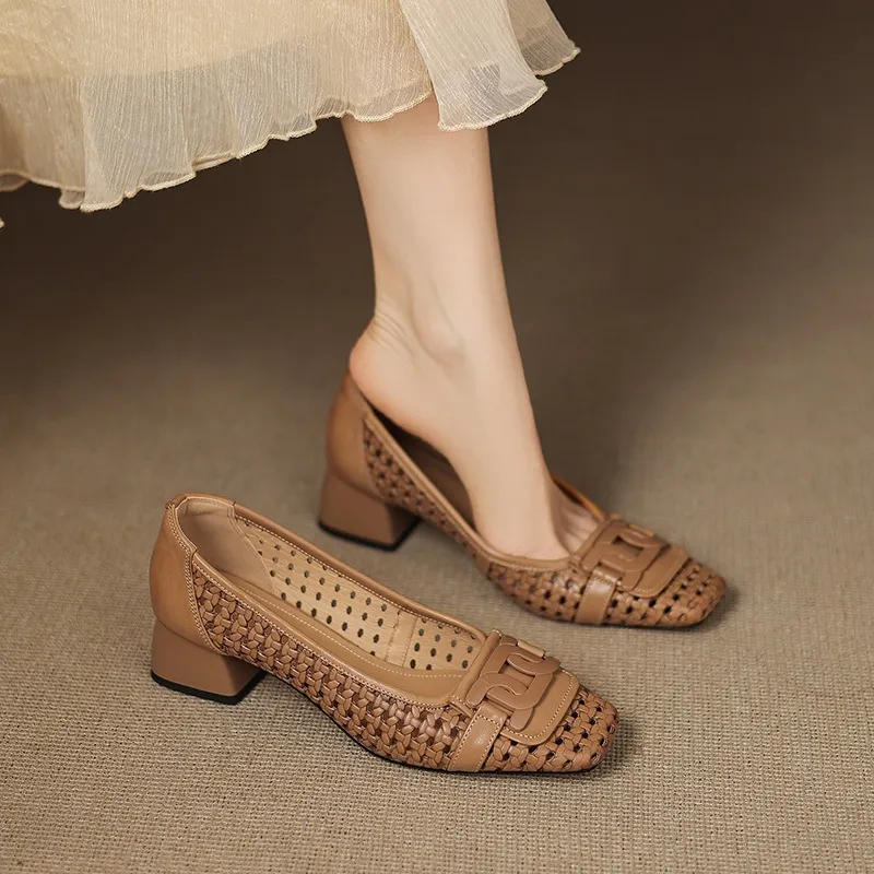 Our top-selling spring/summer style square-toe chunky heel women's shoes with hollowed-out solid color and comfortable cowhide leather.