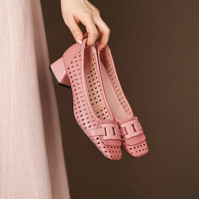 Our top-selling spring/summer style square-toe chunky heel women's shoes with hollowed-out solid color and comfortable cowhide leather.